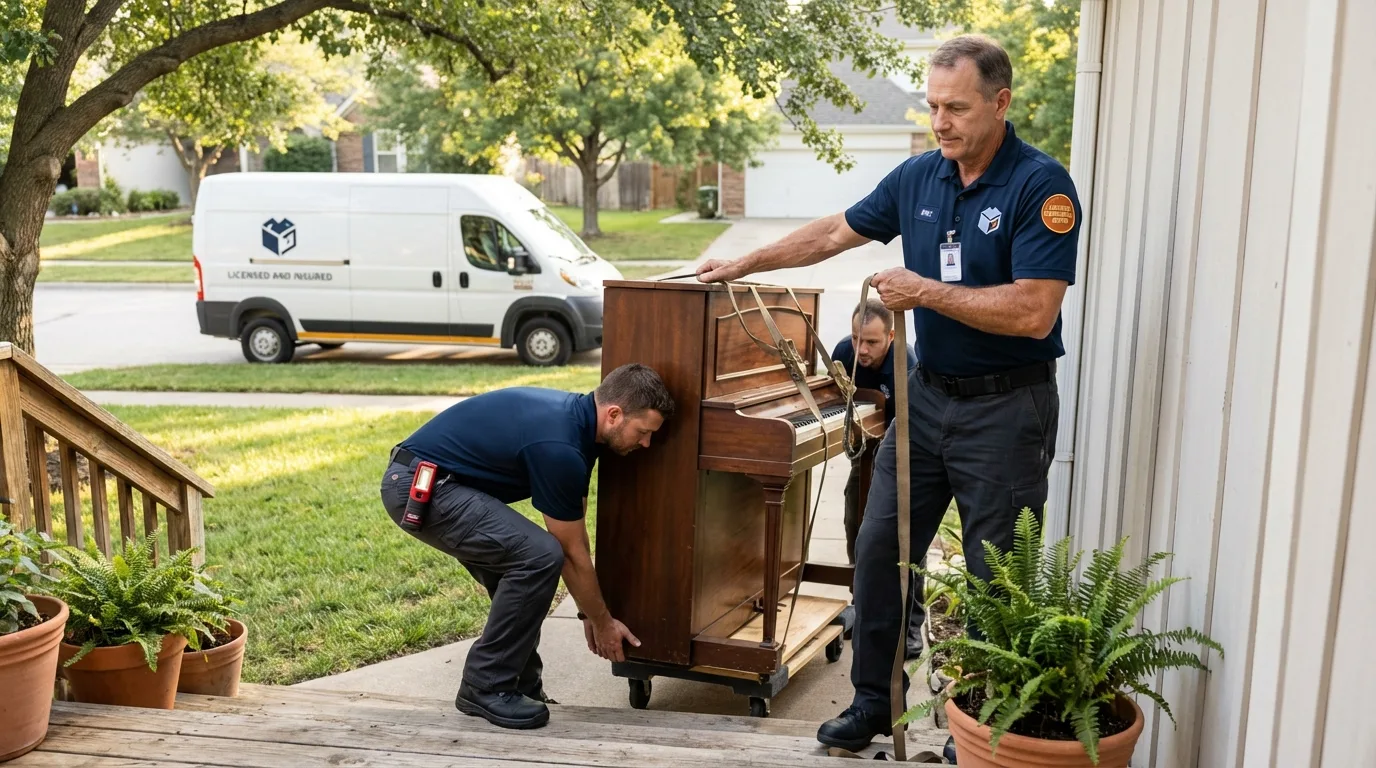 Licensed piano movers securing grand piano in Yates Center, KS