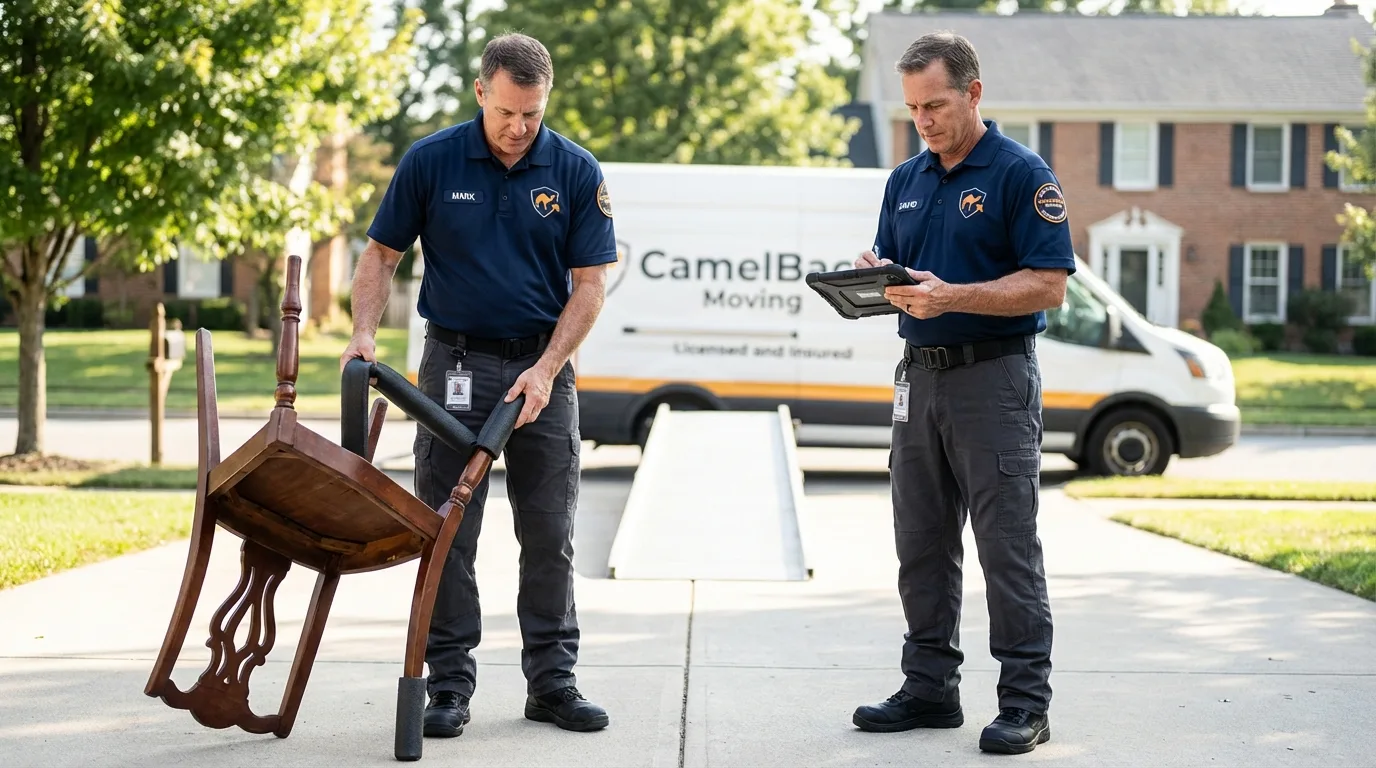 Movers inspecting furniture for damage prevention before loading in Yates Center, KS