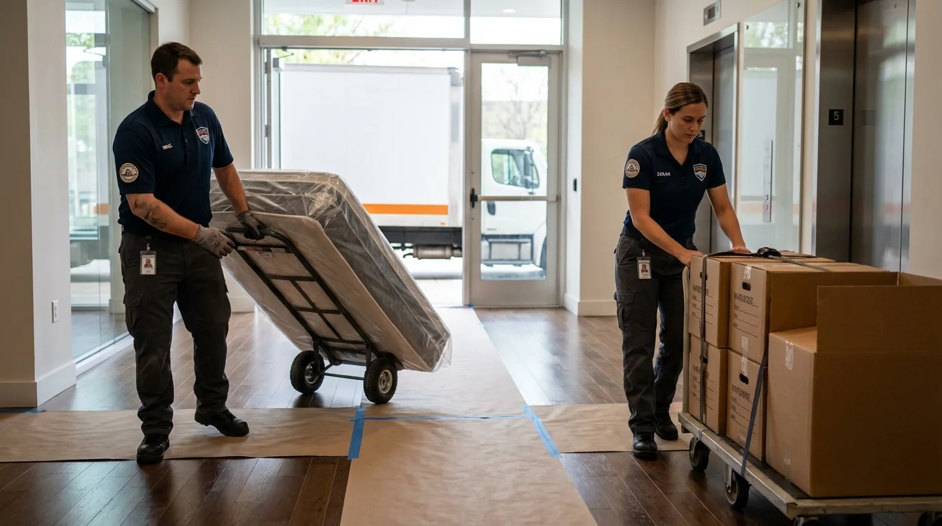Professional apartment movers loading elevator in Yates Center, KS