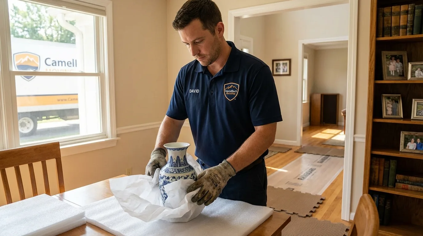 Professional crew carefully wrapping antique vase for senior downsizing move in Yates Center, KS